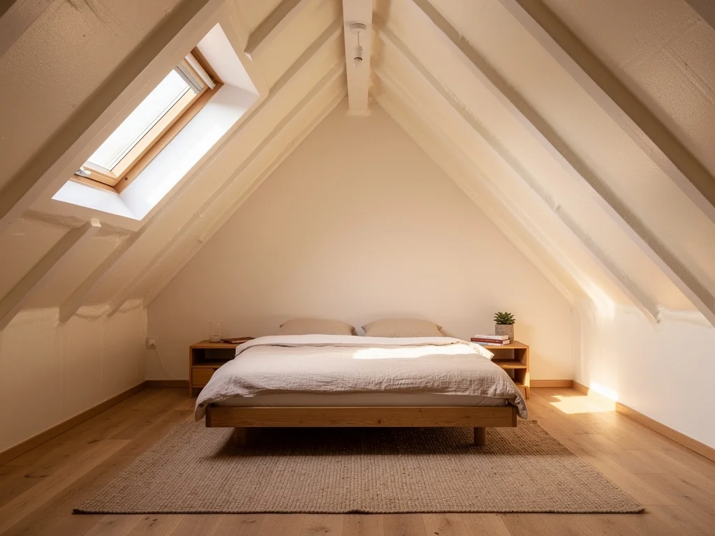 Chambre sous combles aménagés, rampants isolés sous le plafond incliné